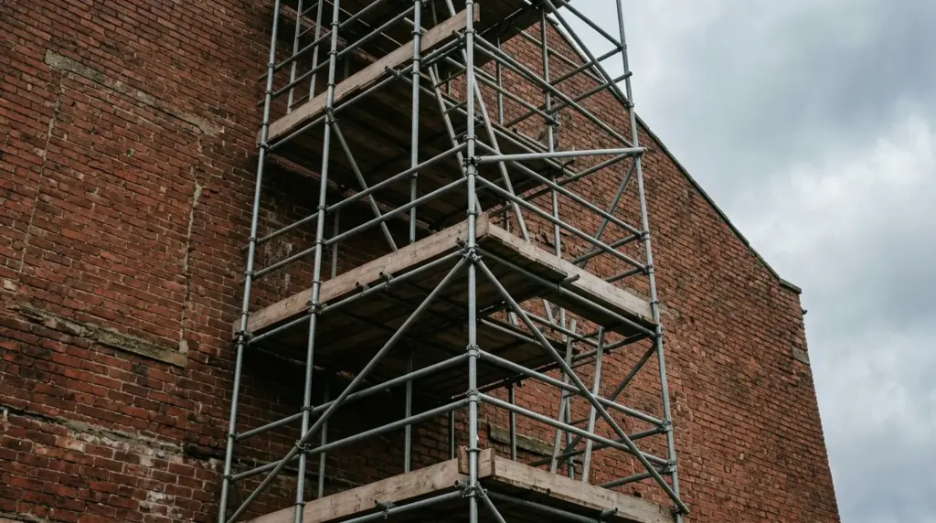 Interim Recruiting: verschraubtes Stahlgerüst mit Holzbühnen vor der Giebelwand eines alten Backsteingebäudes, von unten fotografiert
