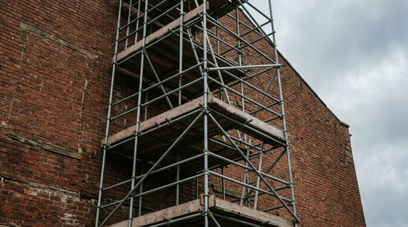 Interim Recruiting: verschraubtes Stahlgerüst mit Holzbühnen vor der Giebelwand eines alten Backsteingebäudes, von unten fotografiert