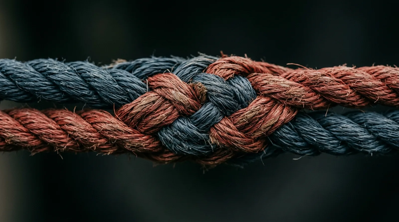 Recruiting und Marketing verbunden: Nahaufnahme eines Tauspleiss, in dem ein blaues und ein rotes Tau zu einem einzigen durchgehenden Strang verflochten sind